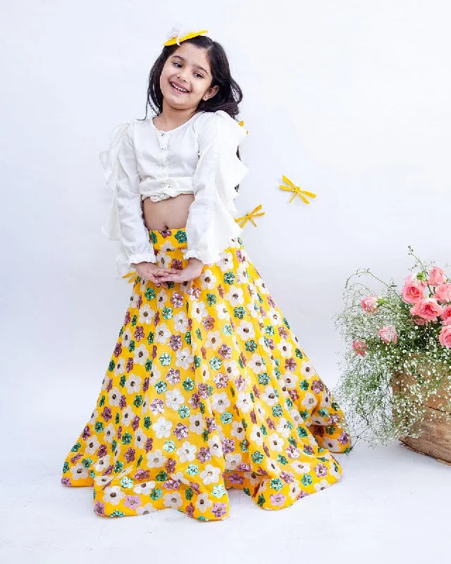 New Design Pre-Order: Off-white Tie Knot Top with Yellow Multicolor Flowers Lehenga
