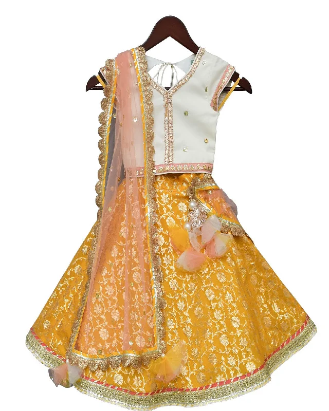 Celebrity Style Pre-Order: Off-White Sequence Choli with Yellow Brocade Lehenga