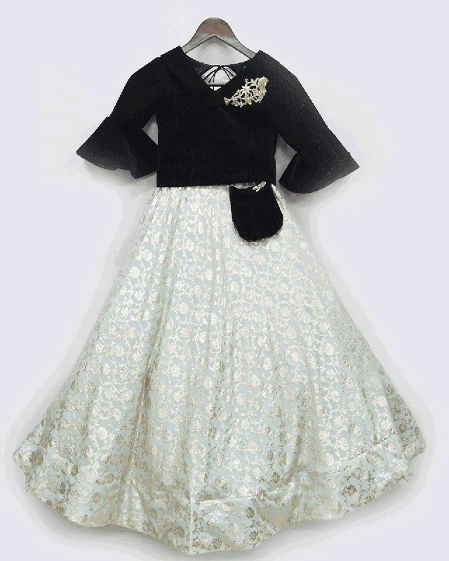 Personal Charm Pre-Order: Black Velvet Top with Chanderi Brocade Lehenga