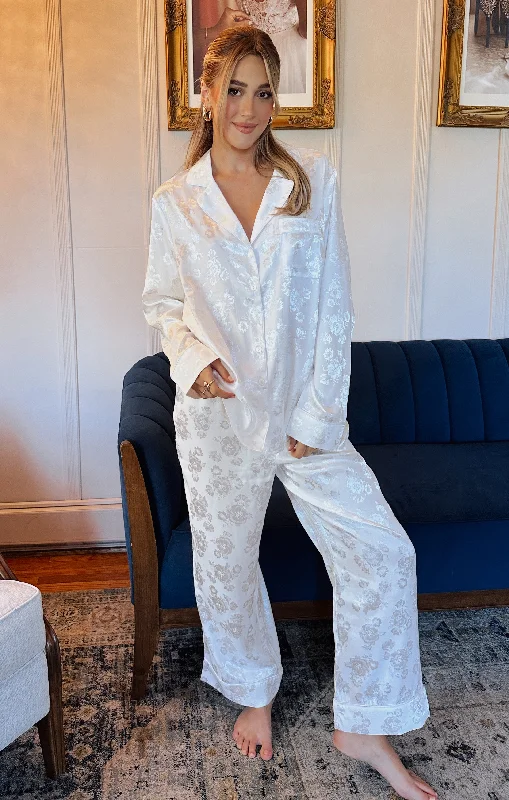 Relaxed Dresses Classic Cropped PJ Set ~ White Floral Silky