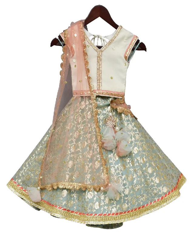 Elegant Comfort Pre-Order: Off-White Sequence Choli with Light Blue Brocade Lehenga
