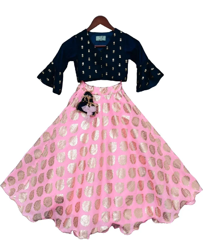 Relaxed Style Pre-Order: Blue Butti Velvet Choli with Lehenga