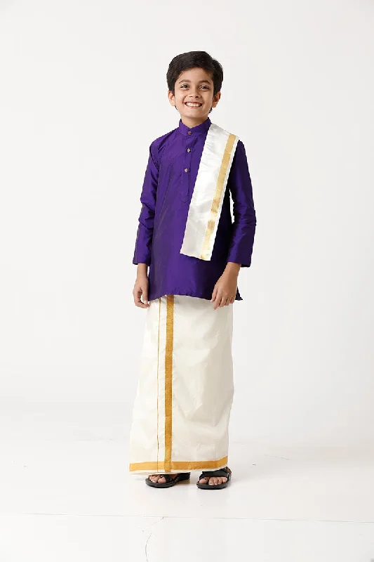 Breezy Comfort Rising Ideal - Violet Kurta and Matching Fixit Dhoti With Towel 3 in 1 Set For Kids | Uathayam
