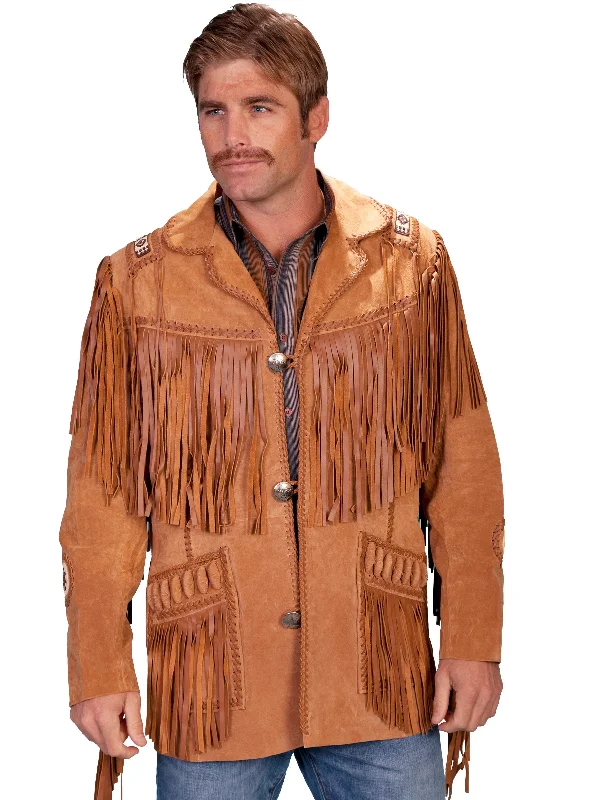 Trendy Wear Scully Leather Mens Mountain Man Handlaced Bead Trim Coat Bourbon