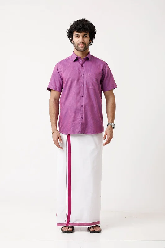 High Street Fashion Varna - Light Purple Matching Shirt and Single Dhoti Set For Men | Uathayam