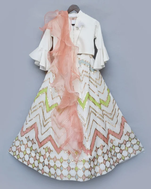 British Style Pre-Order: White Lehenga with Off white Top and Dupatta