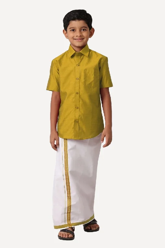 Easy Chic Wear Divine - Mustard Yellow Matching Fixit Dhoti and Shirt 2 in 1 Set For Kids | Uathayam