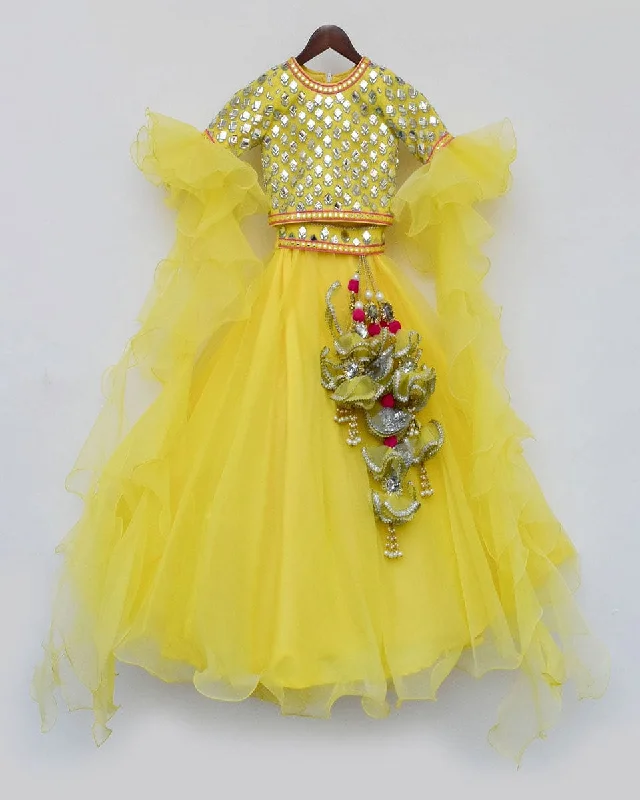 High-end Wear Pre-Order: Mirror work Choli with Yellow Organza Lehenga