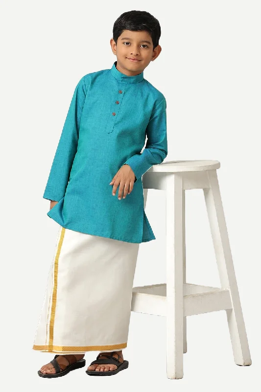 Simple Looks Exotic - Aqua Blue Kurta and Matching Fixit Dhoti 2 In 1 Set For Kids | Uathayam