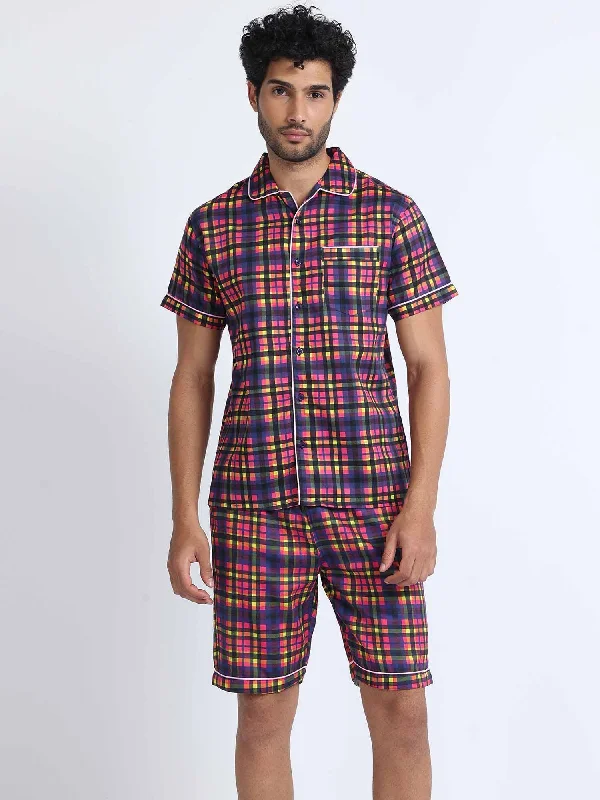 Sports Style Bright Checks Digital Printed Half Sleeve Co-Ords