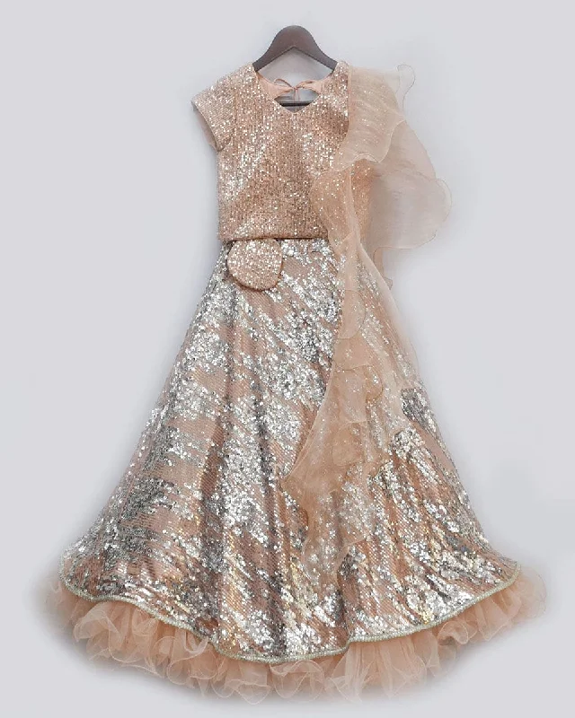 Leisure Sports Pre-Order: Peach Sequins Choli with Lehenga and Ruffles Dupatta