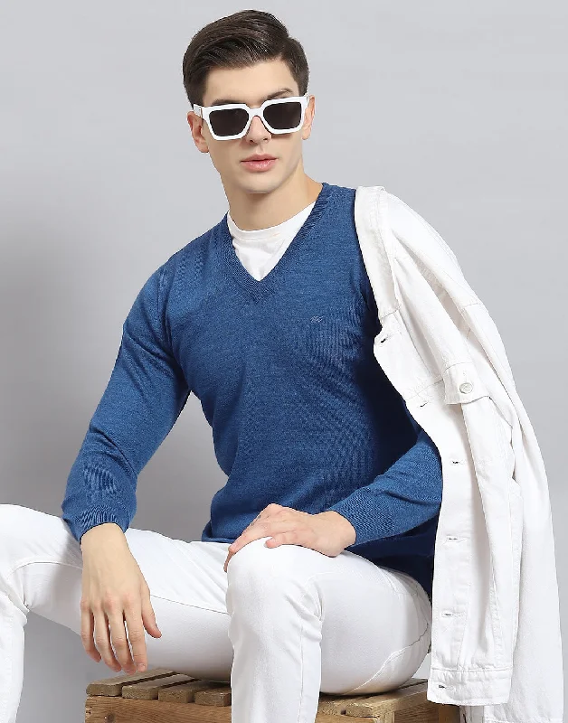 Fashion Touch Men Blue Solid V Neck Full Sleeve Pullover