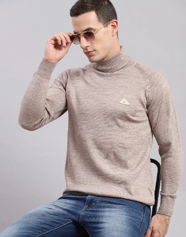 Economic Outlook Men Beige Solid High Neck Full Sleeve Pullover