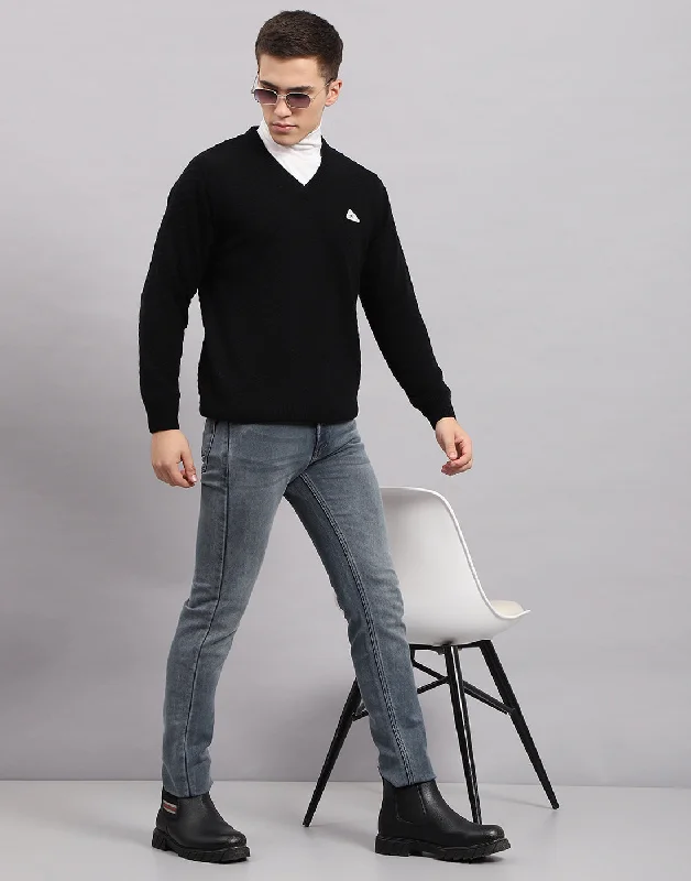Comfortable Jackets Men Black Self Design V Neck Full Sleeve Pullover