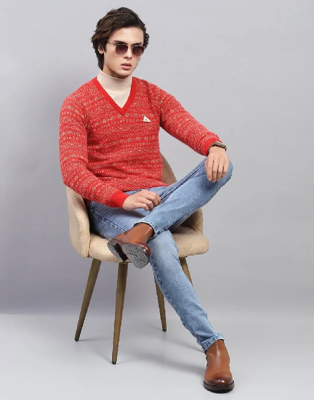 Windbreaker fashion Men Red Self Design V Neck Full Sleeve Pullover