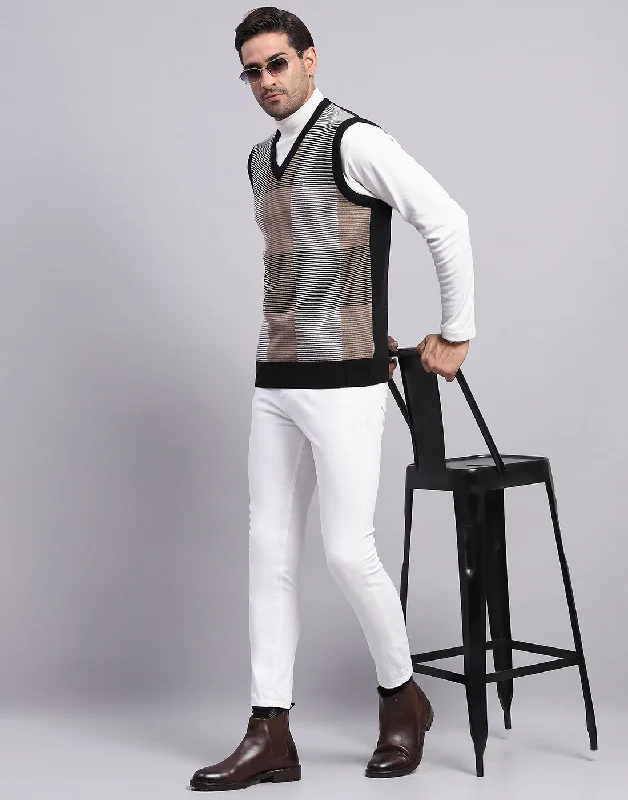 Cozy Knits Men Black Self Design V Neck Sleeveless Sweater