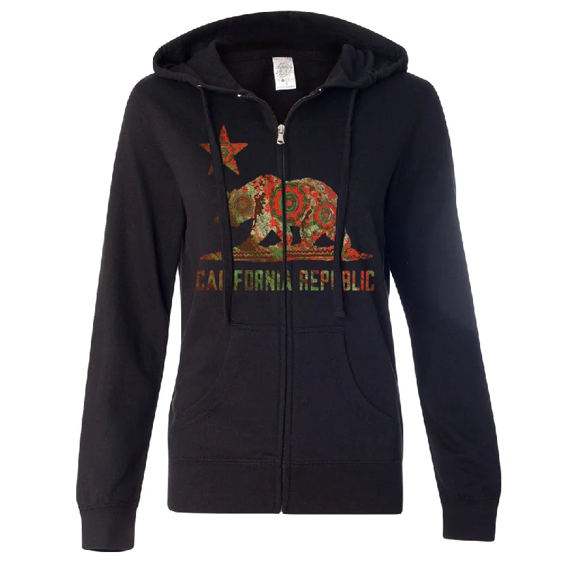 Fresh Wear California Chumash Mandala Bear Ladies Lightweight Fitted Zip-Up Hoodie