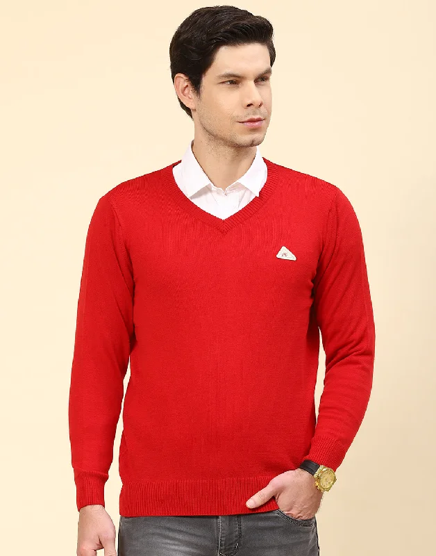 Fashion And Simplicity Men Red Solid V Neck Full Sleeve Pullover