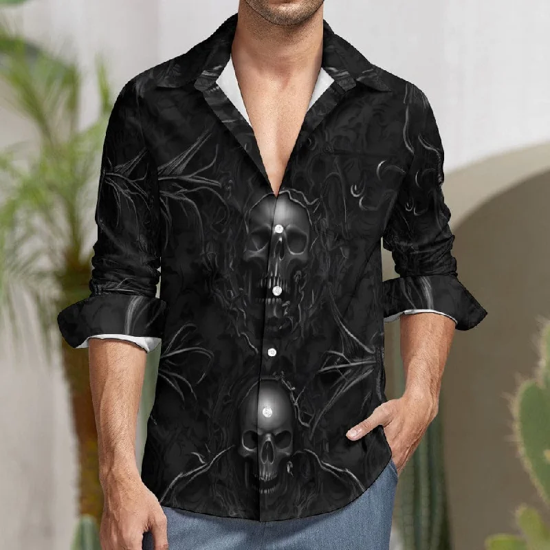 Soft Relaxation Wear Men's Black Skull 👨💀👔 Casual One Pocket Long Sleeve Shirt