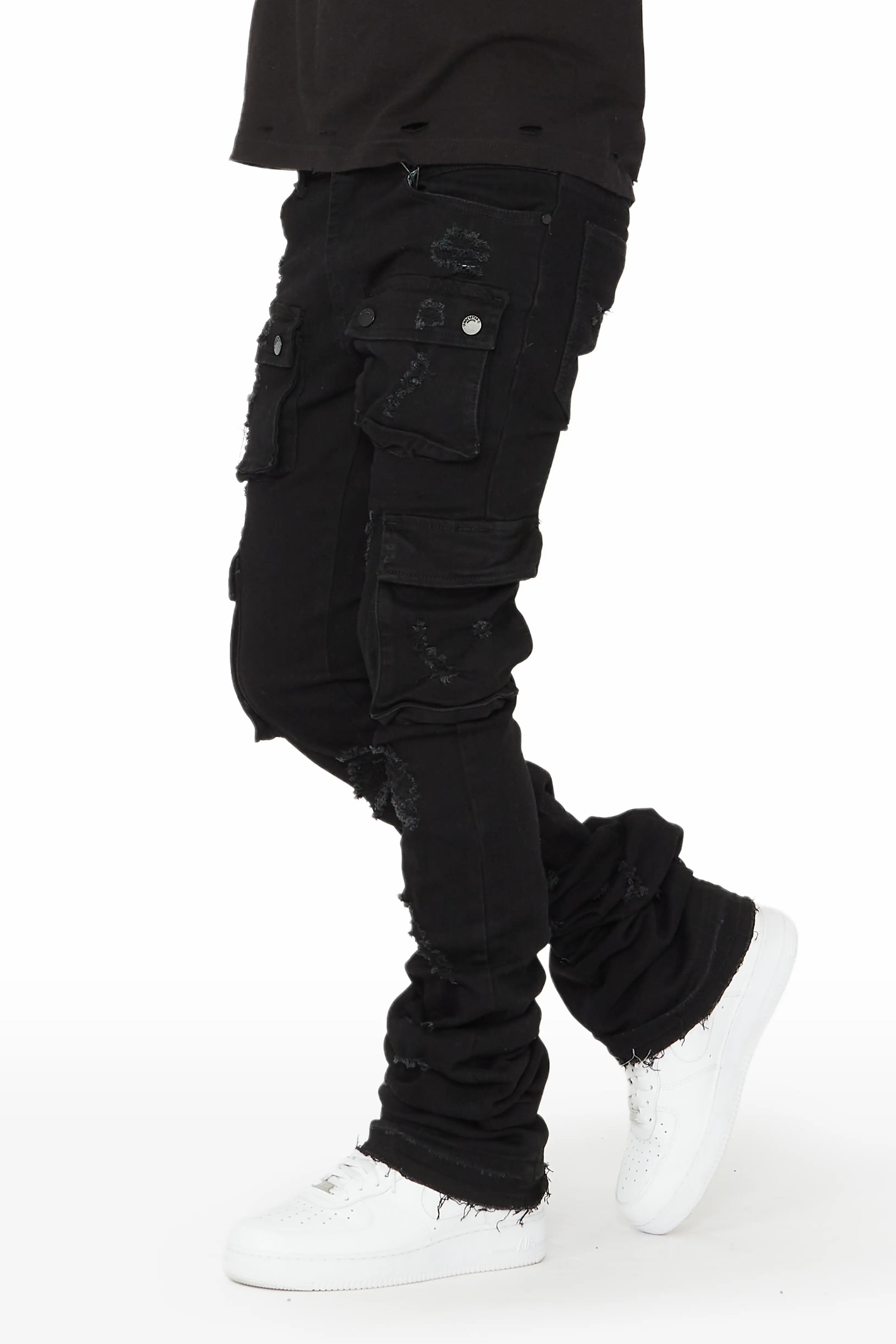 Trendy Items Zaire Black Cargo Super Stacked Flare Jean