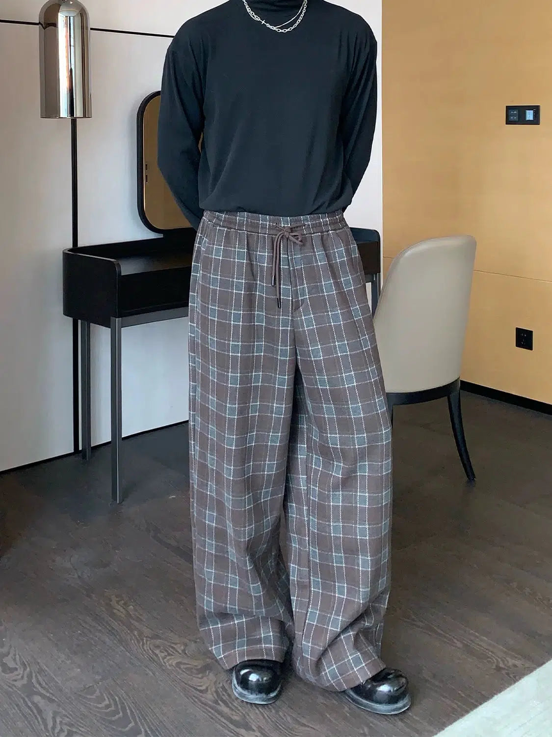 Fashionable Ease Retro Plaid Woolen Drawstring Pants