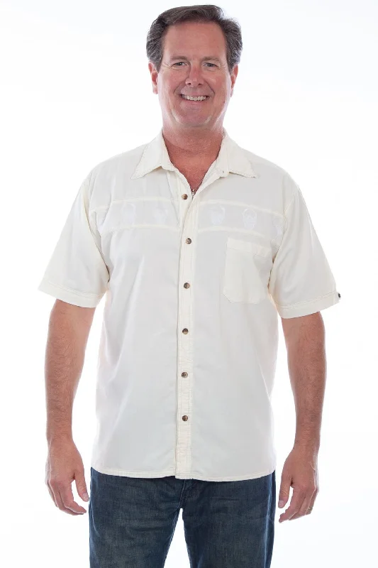 Effortless Elegance Scully Mens Embroidered Skulls Ivory Distressed 100% Cotton S/S Shirt