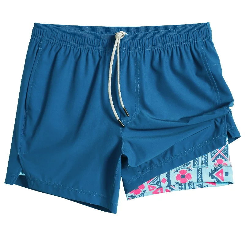 Lounge Wear 2 in 1 Stretch Short Lined Blue Printed Gym Shorts